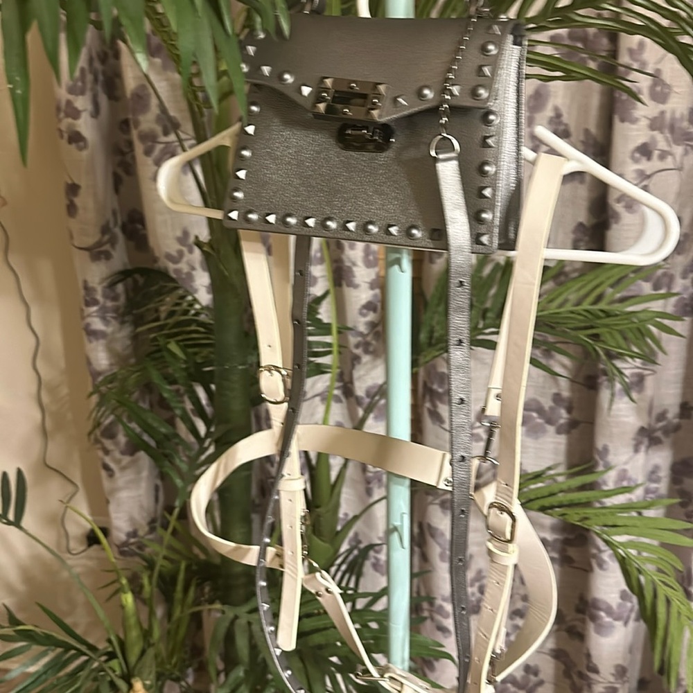 Dark grey  Jelly crossbody studded purse with cream belted harness